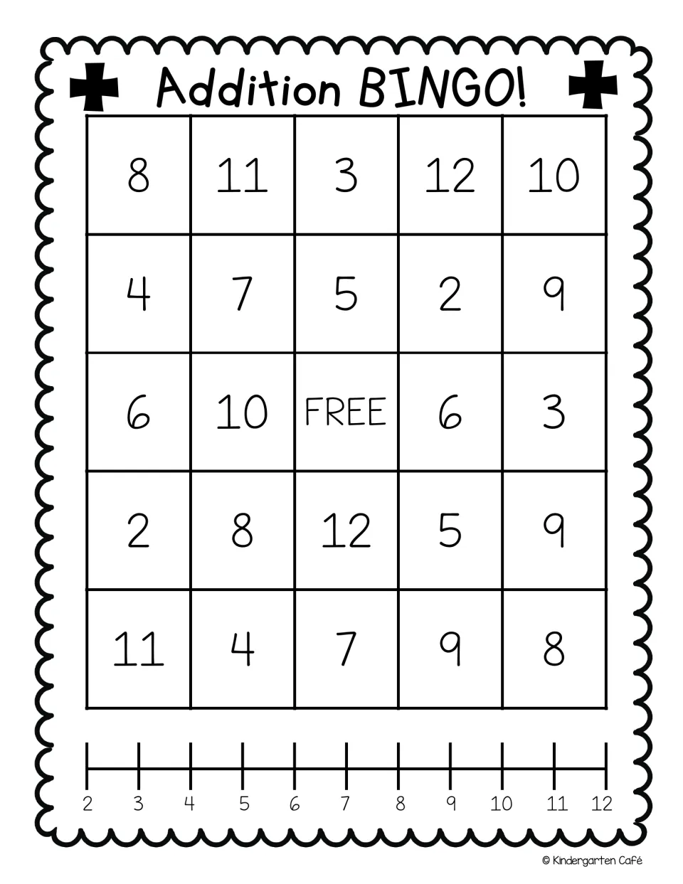 First addition bingo card: top numbers 8, 11, 3, 12, 10, a free space, and a number line from 2 to 12