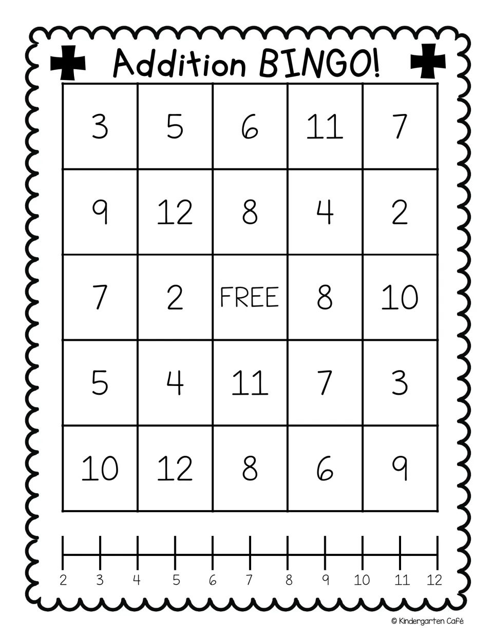 Second addition bingo card: top numbers 3, 5, 6, 11, 7, a free space, and a number line from 2 to 12