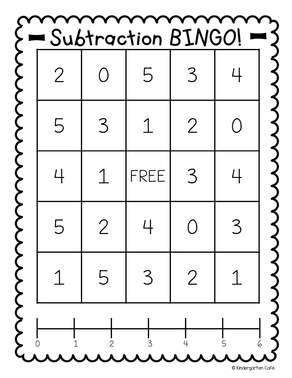Second subtraction bingo card: top numbers 2, 0, 5, 3, 4, a free space, and a number line from 0 to 6