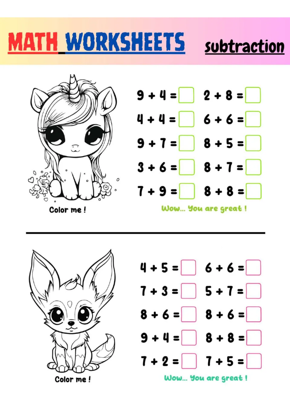 Addition facts to 16 under a subtraction heading: students solve 20 sums and color a unicorn and a fox labeled Color me!