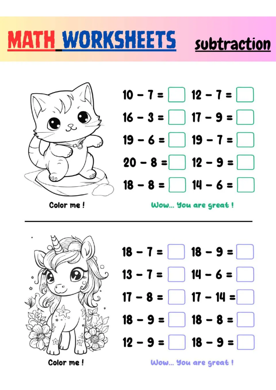 Subtraction from teen numbers and 20: students solve 20 facts such as 20 - 8 and 17 - 14, then color a kitten and a unicorn