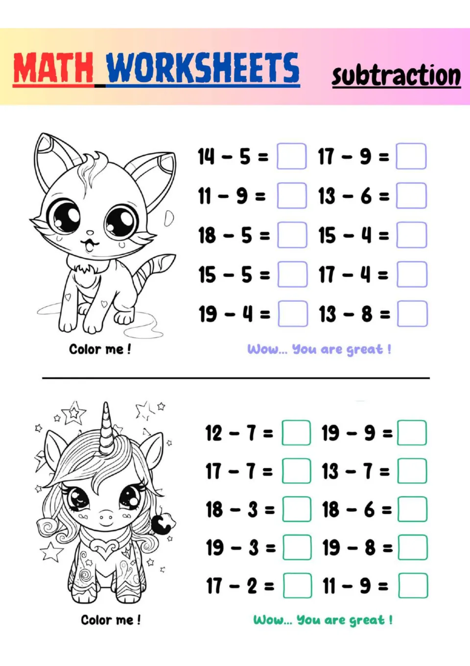 Subtraction within 20: students answer 20 facts like 14 - 5 and 19 - 4, then color a big-eyed kitten and a starry unicorn