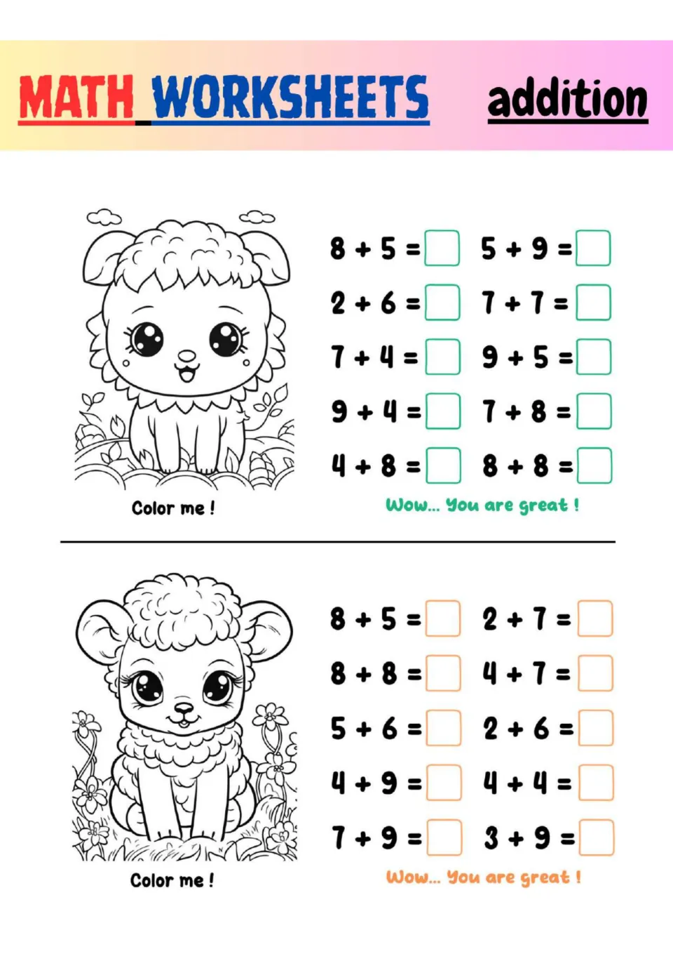 Addition facts to 16: students fill in 20 sums such as 8 + 5 and 7 + 9, then color two fluffy lambs among flowers