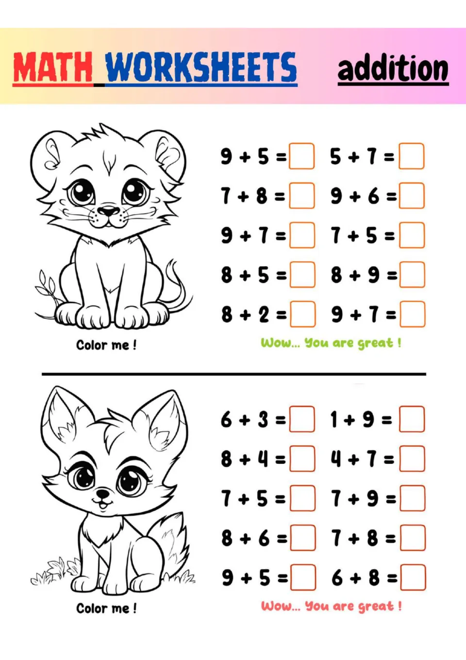 Addition facts with sums to 16: students solve 20 problems like 9 + 6 and 1 + 9, then color a lion cub and a fox pup