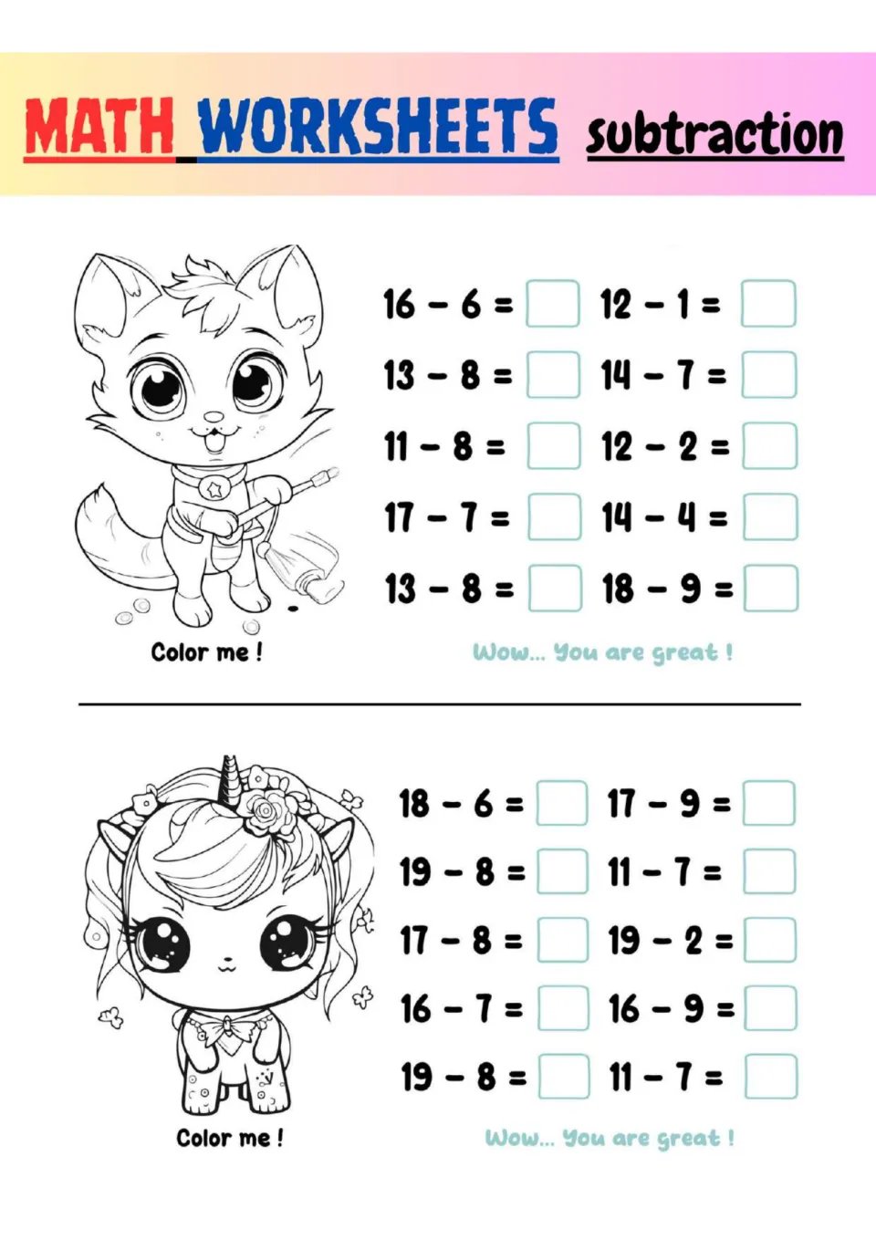 Subtracting from 11 to 19: students solve 20 problems like 16 - 6 and 12 - 1, then color a sweeping kitten and a unicorn