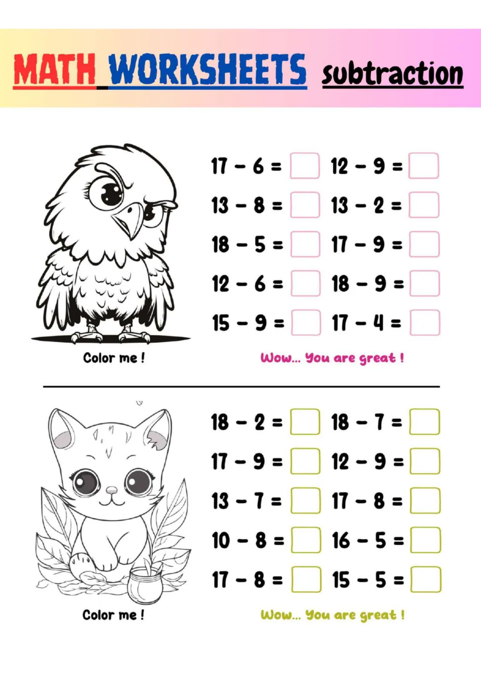 Subtraction within 18: students answer 20 facts such as 17 - 6 and 10 - 8, then color an eagle chick and a leafy kitten