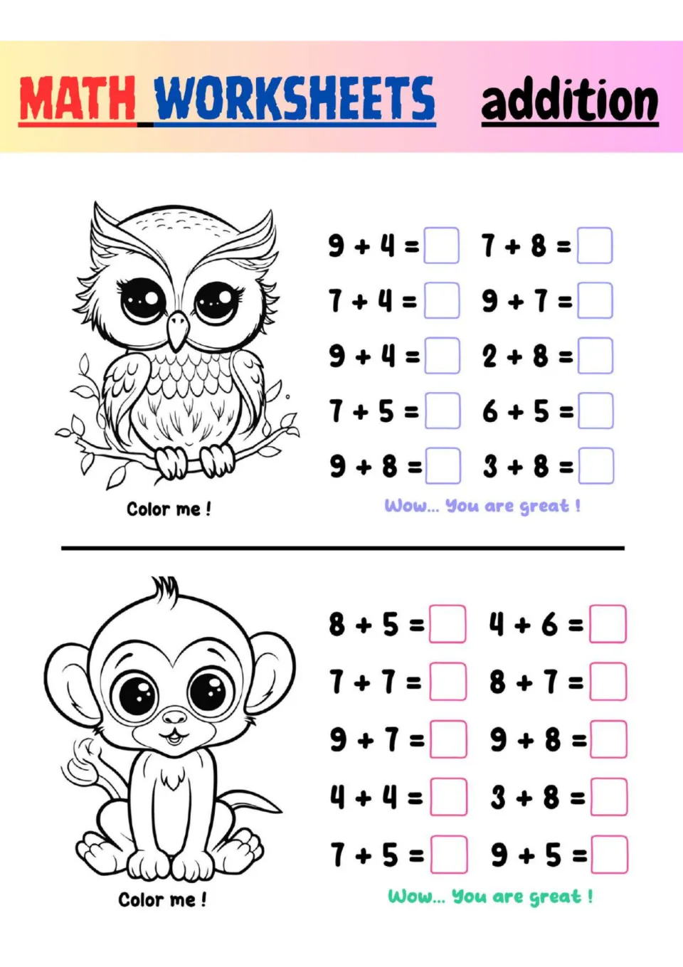 Addition facts to 17: students solve 20 sums like 9 + 4 and 4 + 6, then color an owl on a branch and a sitting monkey
