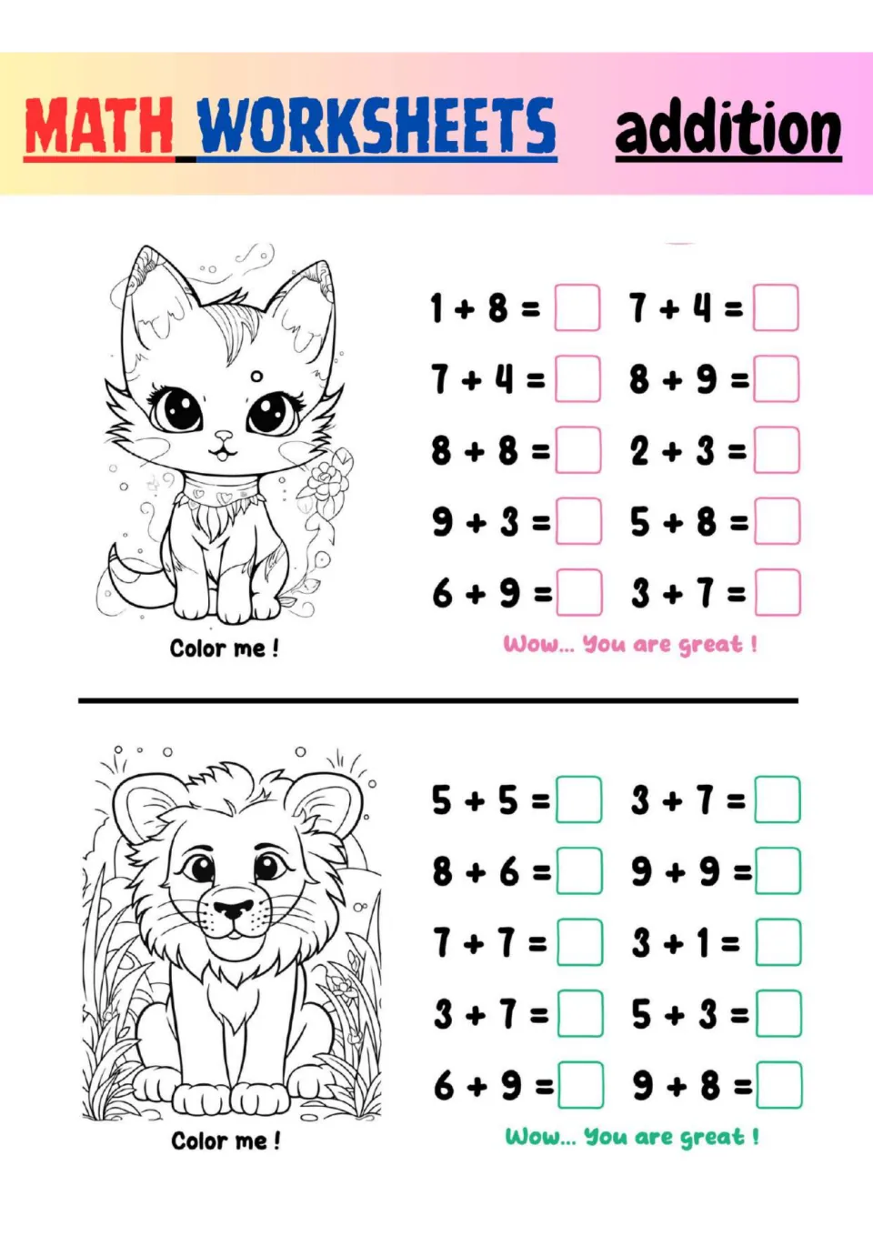 Addition practice with sums to 18: students solve 20 facts like 1 + 8 and 9 + 9, then color a kitten and a lion cub