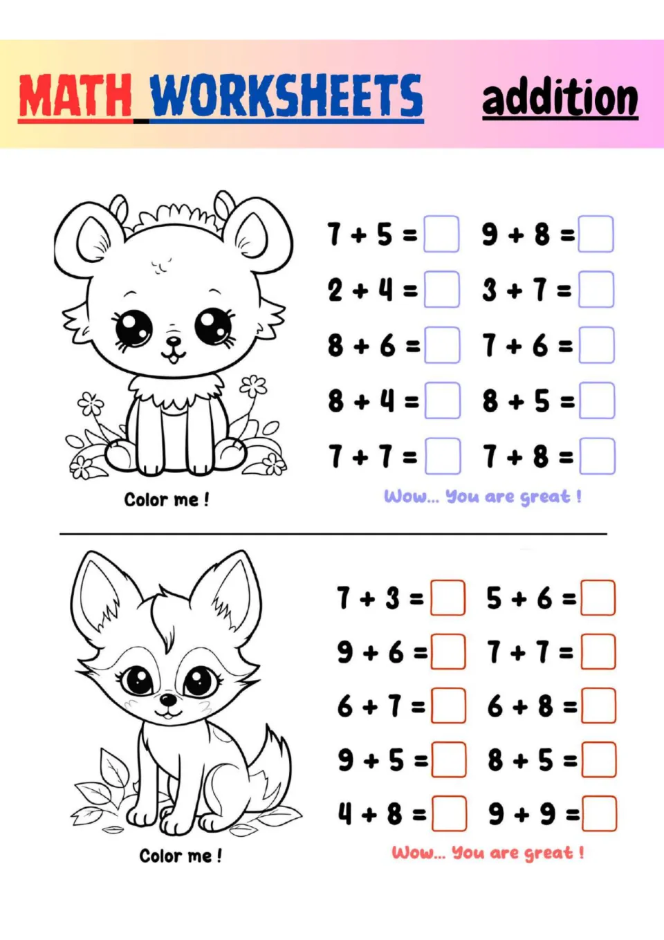 Addition facts to 18: students complete 20 sums like 2 + 4 and 9 + 9, then color a bear cub with flowers and a fox