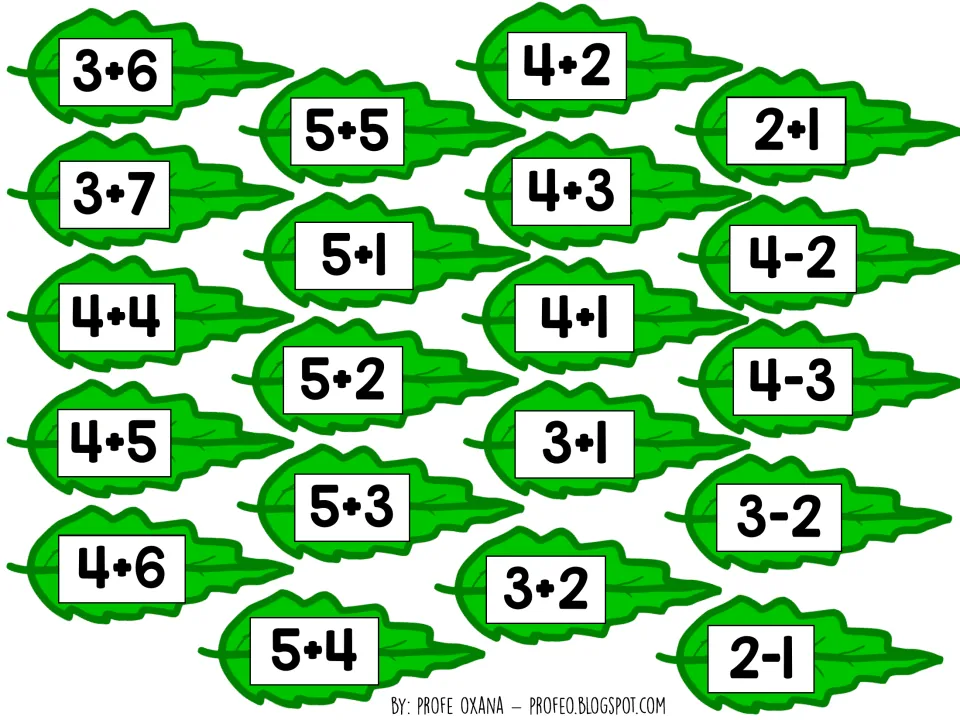 Mixed leaf cards to cut out with addition facts like 3+6, 4+5 and 5+5 plus subtraction facts 4-2, 4-3, 3-2 and 2-1
