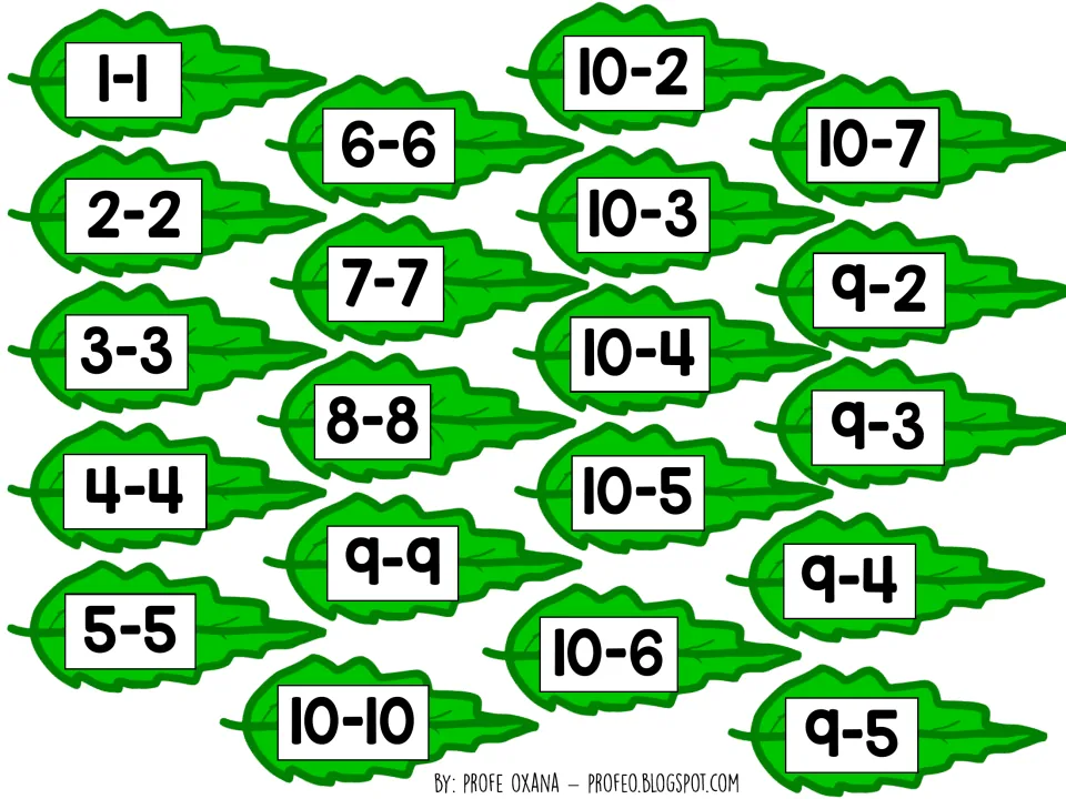 Subtraction leaf cards to cut out, including zero facts 1-1 to 10-10 and differences from 10 and 9 such as 10-7 and 9-5