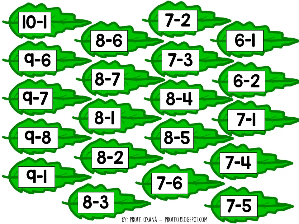 Subtraction leaf cards to cut out with facts from 10-1 down to 6-2, including 9-6, 8-7, 7-4 and 7-5, for matching answers