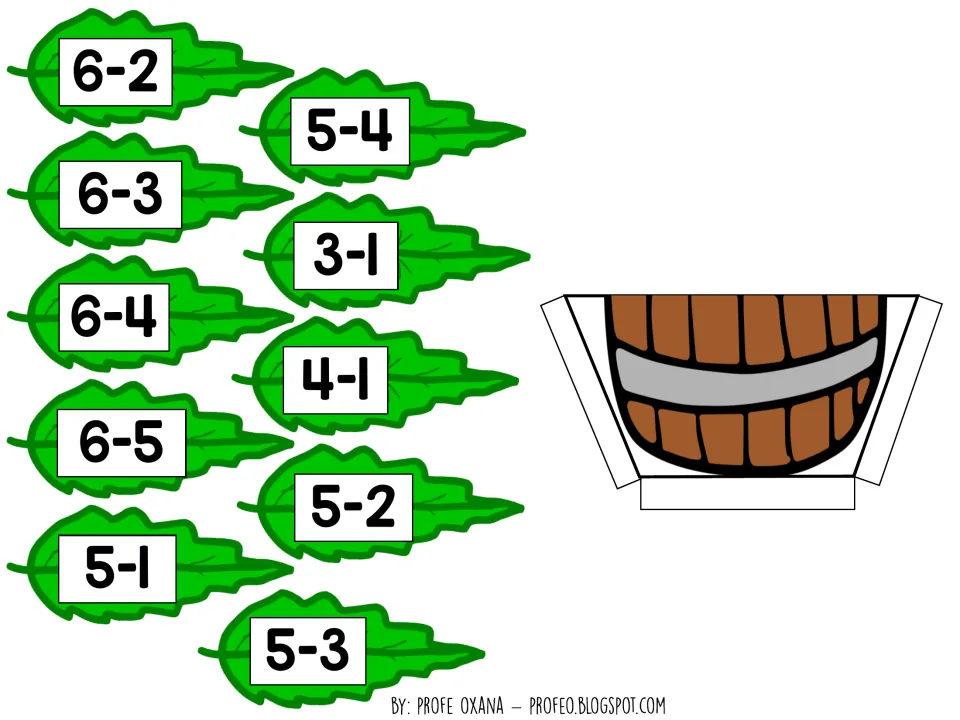 Final subtraction leaves such as 6-2, 6-5, 3-1 and 5-3 to cut out, plus a fold-up wooden barrel pocket template
