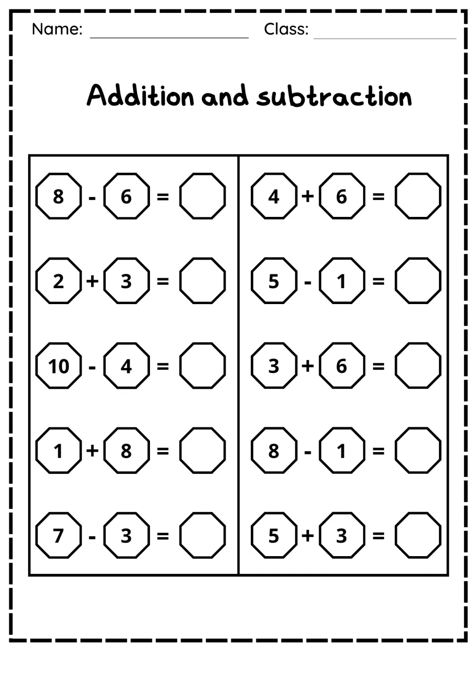 Mixed facts within 10: students solve 10 problems like 8 - 6, 4 + 6 and 10 - 4, writing each sum or difference