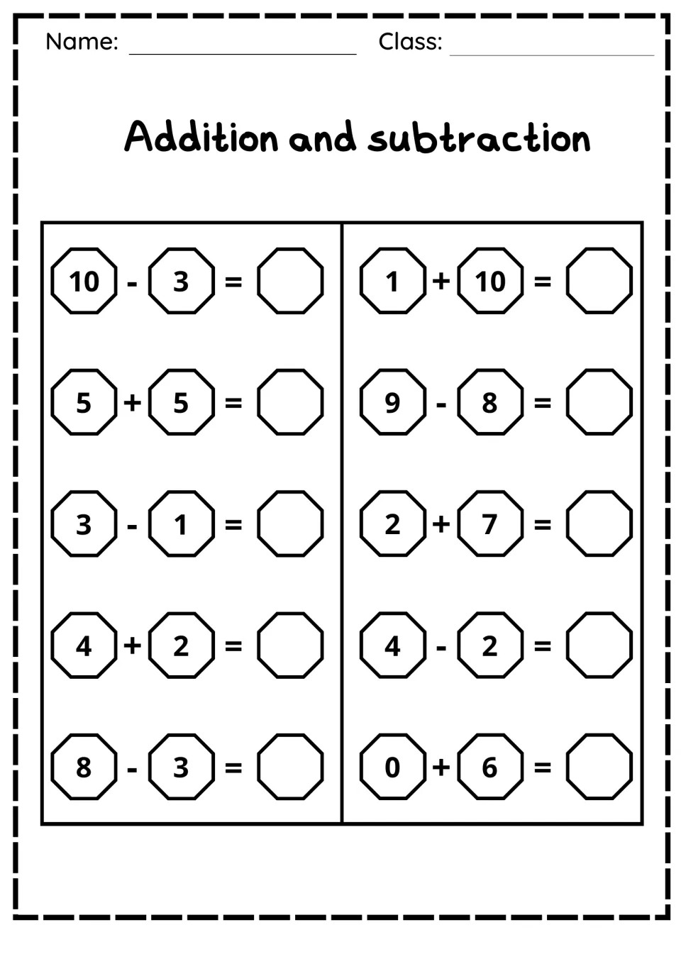 Mixed addition and subtraction facts: students answer 10 problems including 10 - 3, 1 + 10, 5 + 5 and 0 + 6