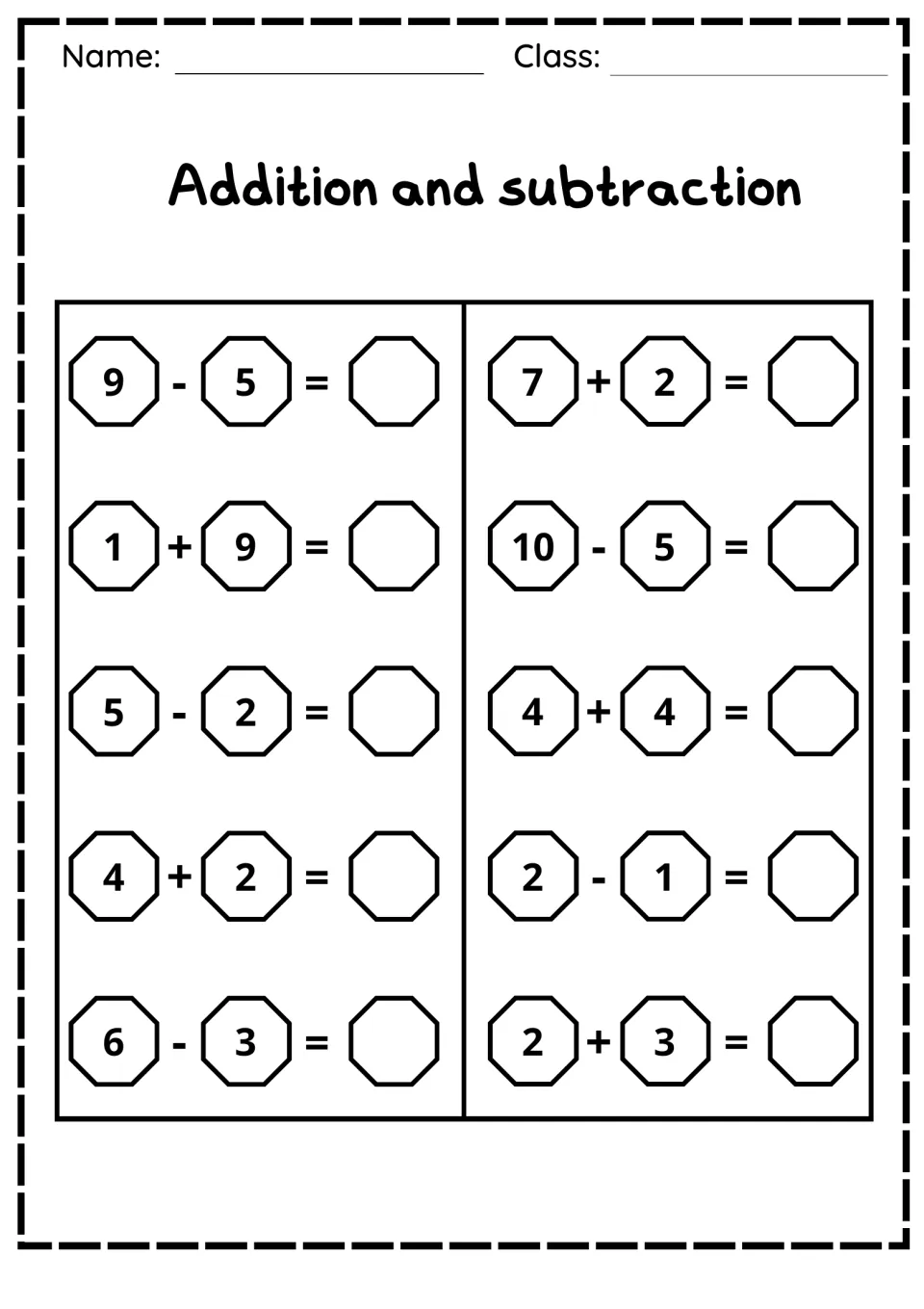 Facts within 10 practice: students solve 10 problems, among them 9 - 5, 1 + 9, 10 - 5 and 4 + 4, recording answers