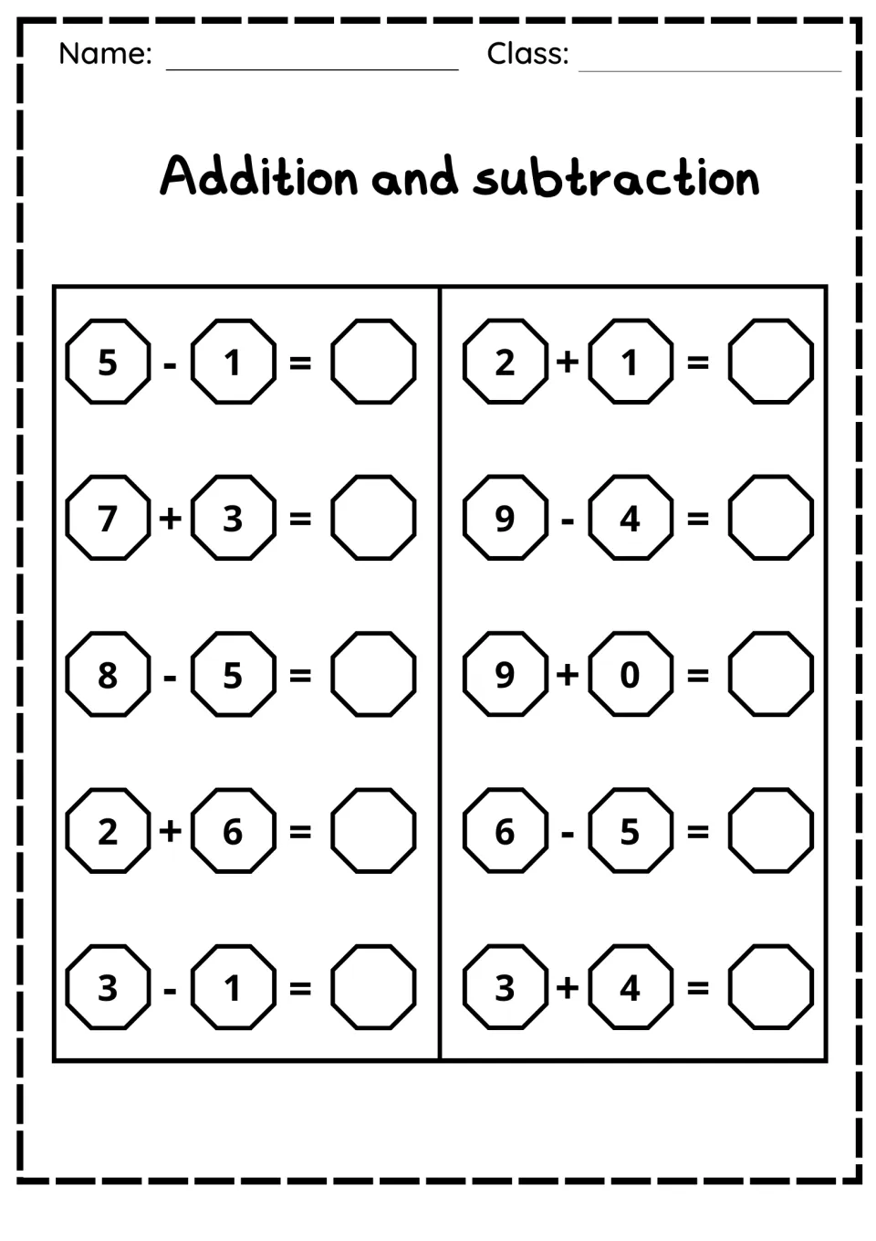 Adding zero and taking away: students solve 10 facts such as 5 - 1, 9 + 0, 8 - 5 and 3 + 4 and write the results
