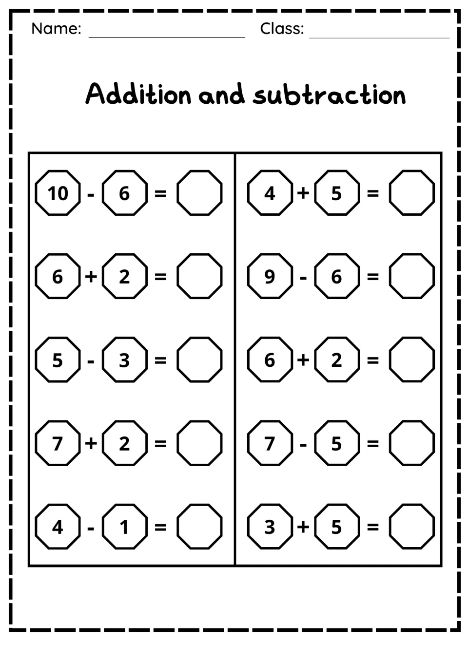 Mixed plus and minus problems: students compute 10 facts like 10 - 6, 4 + 5, 9 - 6 and 3 + 5 and fill in the answer