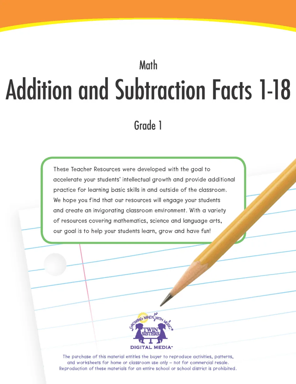 Cover of Addition and Subtraction Facts 1-18 math workbook, with a teacher note, a pencil and the Twin Sisters logo