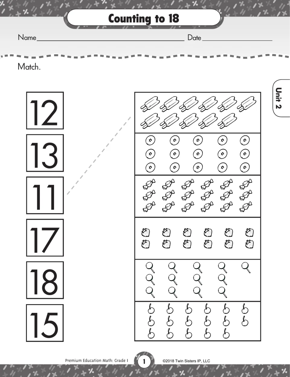 Counting to 18: students match the numbers 11, 12, 13, 15, 17 and 18 to sets of pictured objects by counting each group