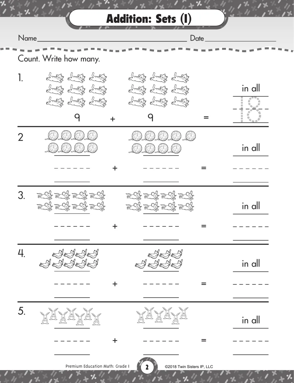 Addition: Sets (I): students count two groups of animals or yarn balls and write the addition sentence and total in all