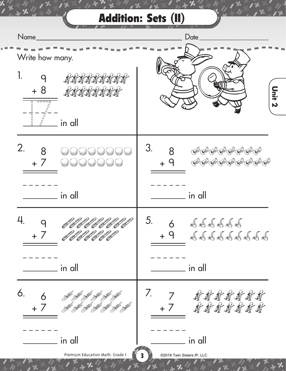 Addition: Sets (II): students count band pictures and write the sum for 7 vertical facts such as 9 + 8
