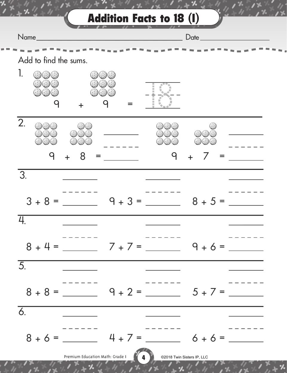 Addition Facts to 18 (I): students find sums using counter pictures, then solve horizontal facts such as 8 + 5 and 9 + 6