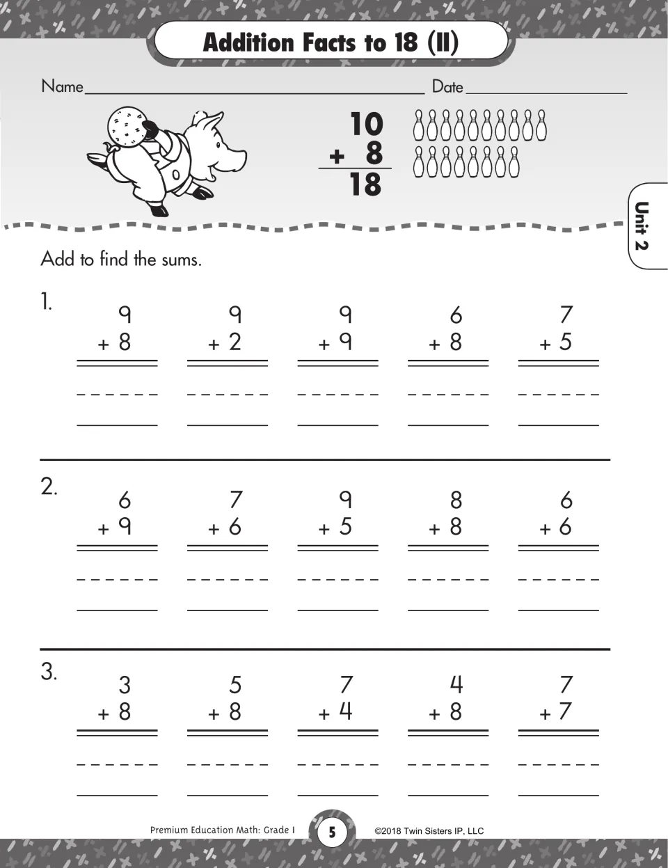 Addition Facts to 18 (II): students solve 15 vertical addition facts, with a 10 + 8 = 18 bowling-pin model at the top