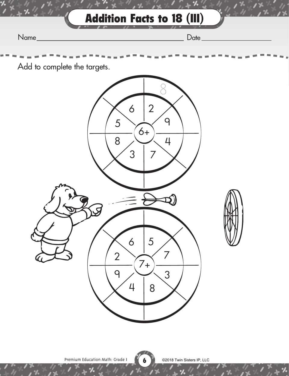 Addition Facts to 18 (III): students add 6 or 7 to each number around two dartboard targets and write the sums on the rim