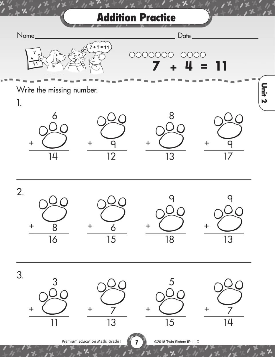 Addition Practice: students write the missing addend on paw prints to complete 12 facts, modeled by 7 + 4 = 11