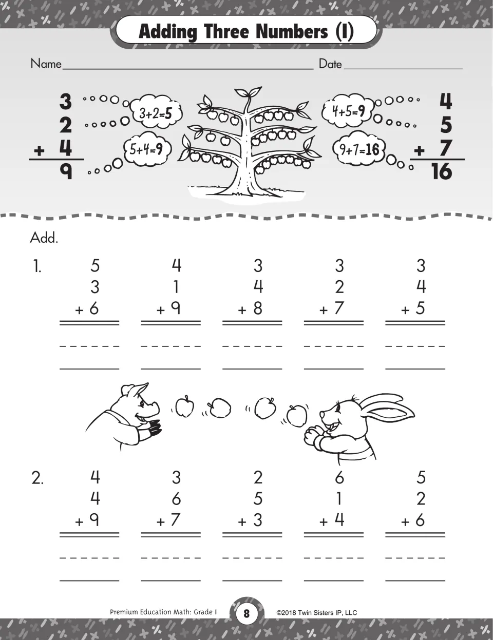 Adding Three Numbers (I): students add 10 columns of three numbers, modeled first as 3 + 2 + 4 = 9 in thought bubbles