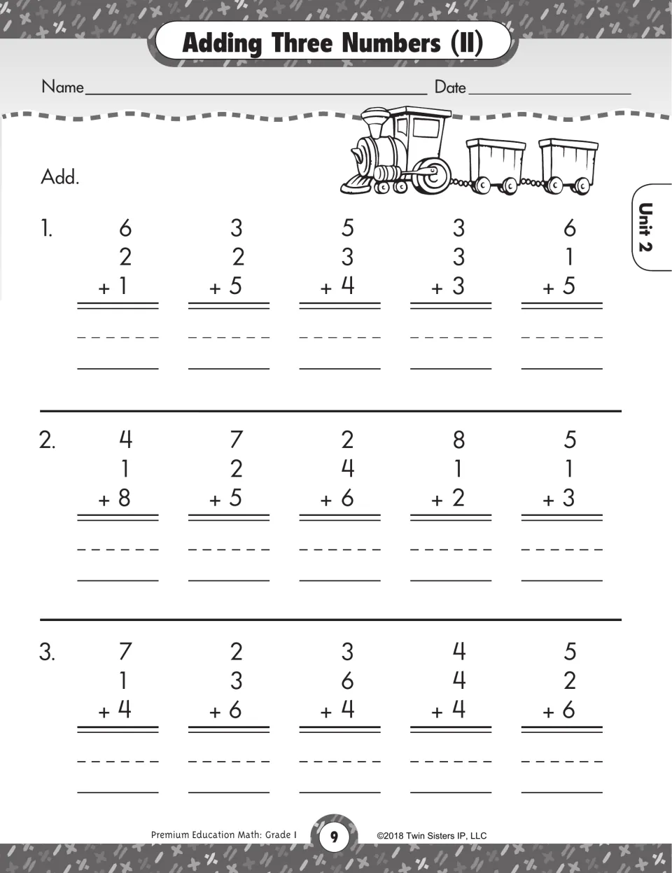 Adding Three Numbers (II): students solve 15 vertical problems adding three single-digit numbers, such as 6 + 2 + 1