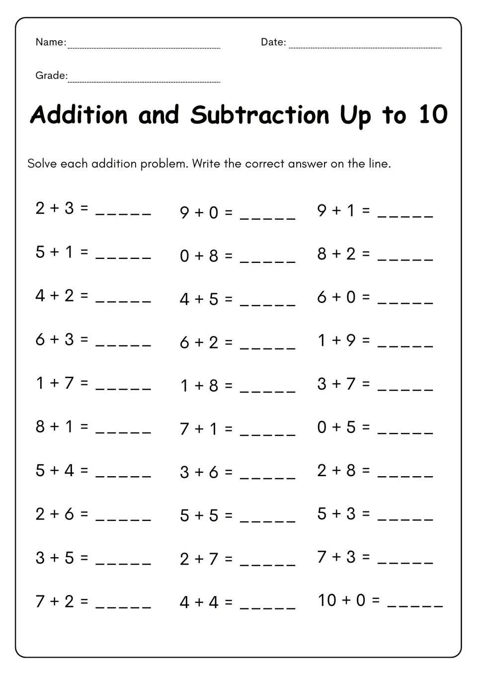 Addition facts to 10: students solve 30 sums such as 2 + 3, 9 + 0 and 10 + 0 and write each answer on the line
