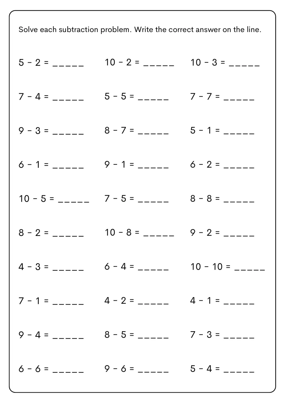 Subtraction facts within 10: students solve 30 problems like 5 - 2, 7 - 7 and 10 - 10 and write each difference