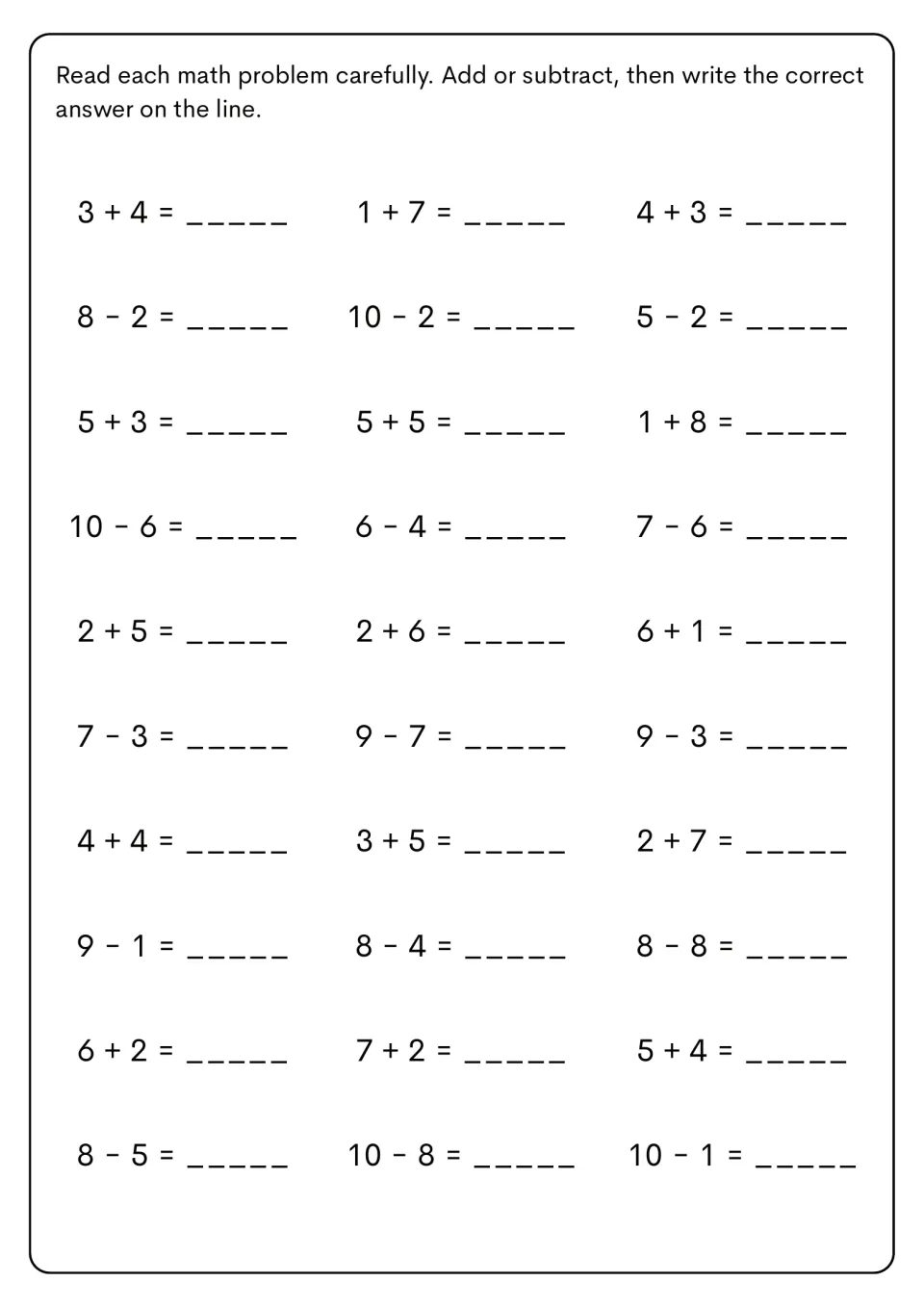 Mixed addition and subtraction to 10: students read 30 facts in rows that alternate sums and differences and solve each