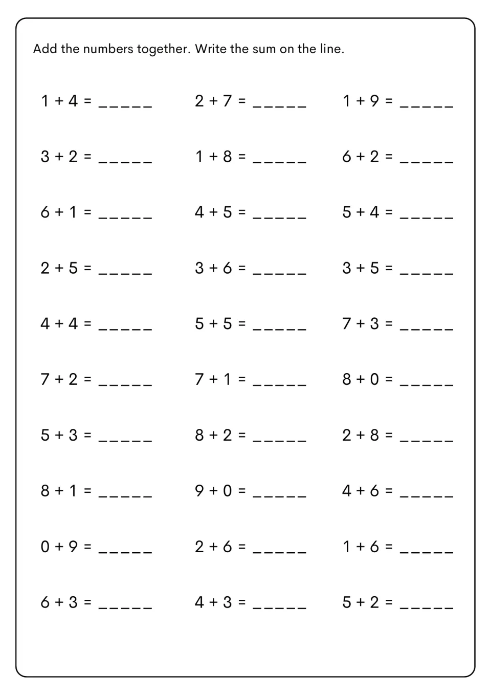 Sums to 10: students add the numbers together in 30 facts such as 1 + 4, 0 + 9 and 4 + 6, then write each sum