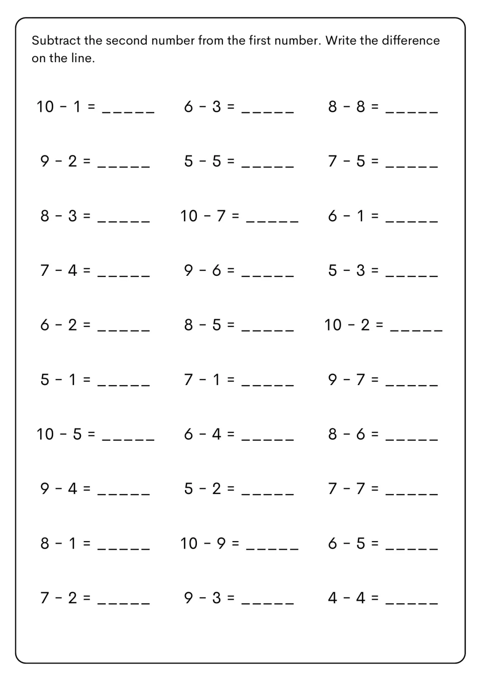 Differences within 10: students subtract the second number from the first in 30 facts like 10 - 1, 6 - 3 and 4 - 4