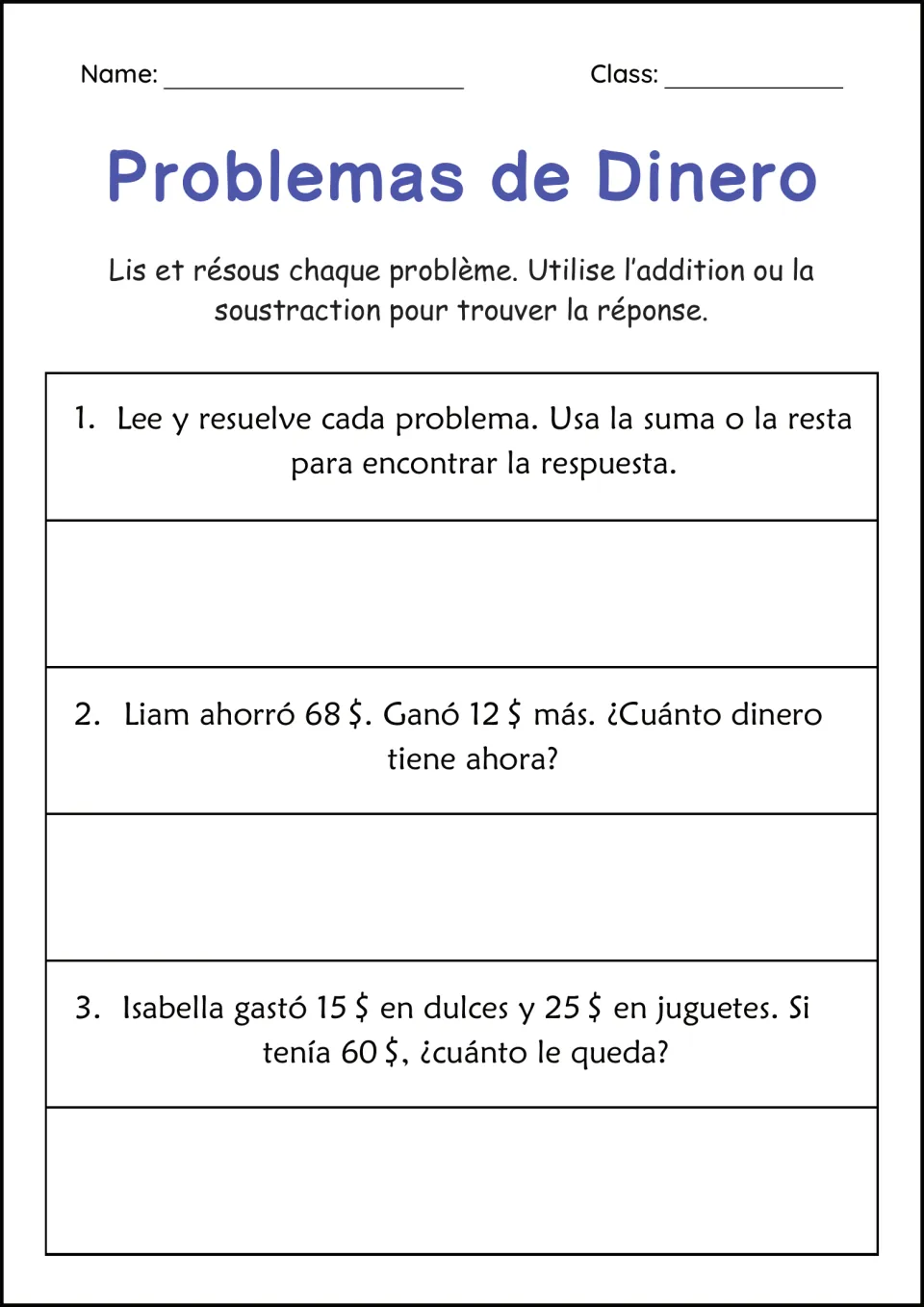 Problemas de Dinero: students add or subtract to solve Liam's savings and Isabella's candy and toy spending problems