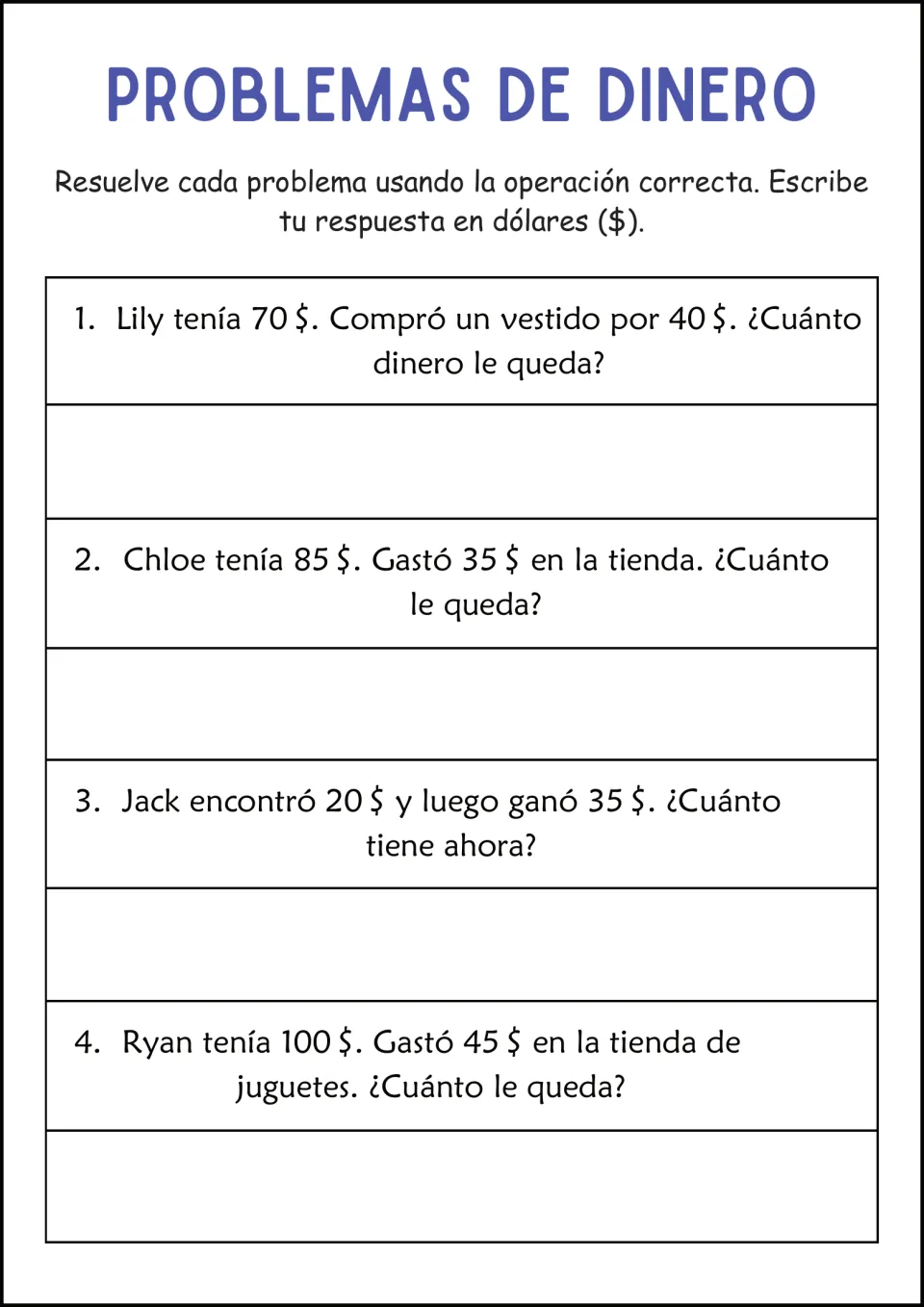 Spanish money subtraction and addition: students find what Lily, Chloe and Ryan have left and Jack's total, in dollars