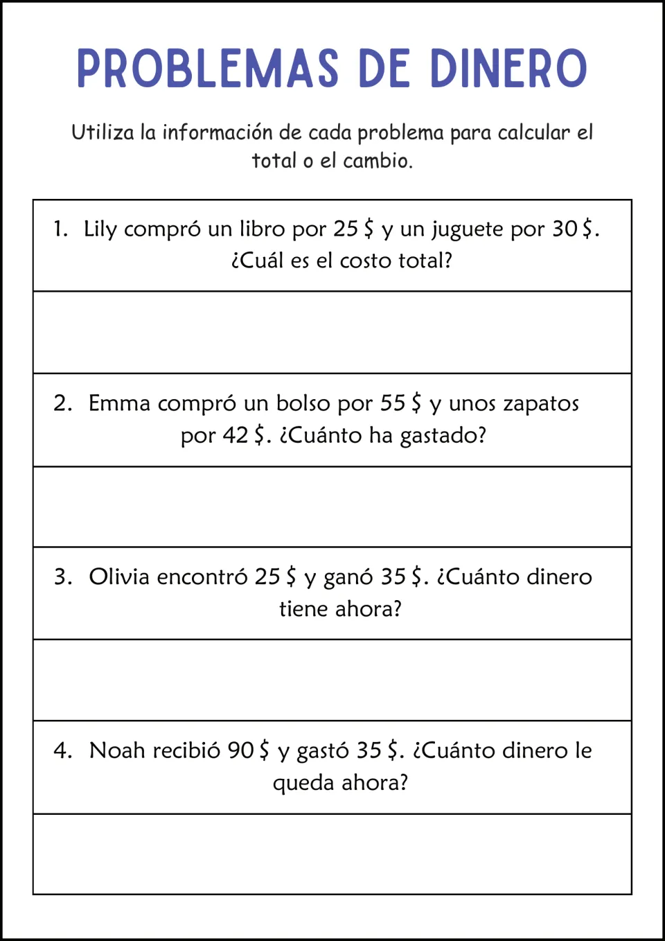 Total cost or change in Spanish: students add a book and toy, a bag and shoes, Olivia's money, and find what Noah has left