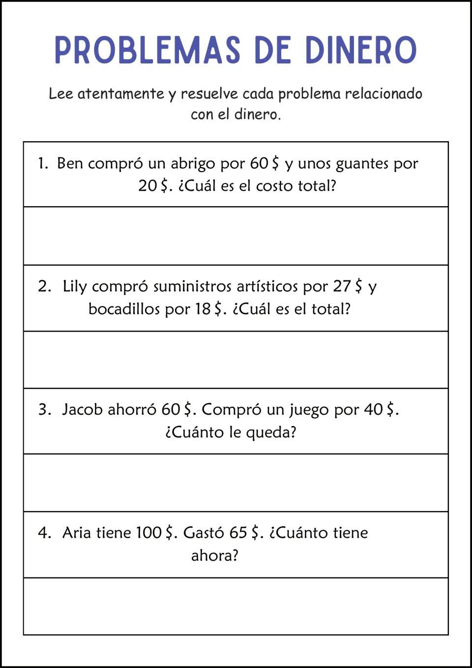 Shopping math in Spanish: students add a coat and gloves and art supplies with snacks, then subtract for Jacob and Aria