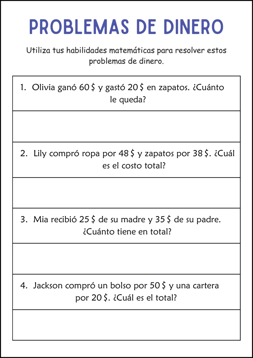 Spanish money math: students subtract Olivia's shoe cost and add clothes and shoes, gifts from parents, bag and wallet