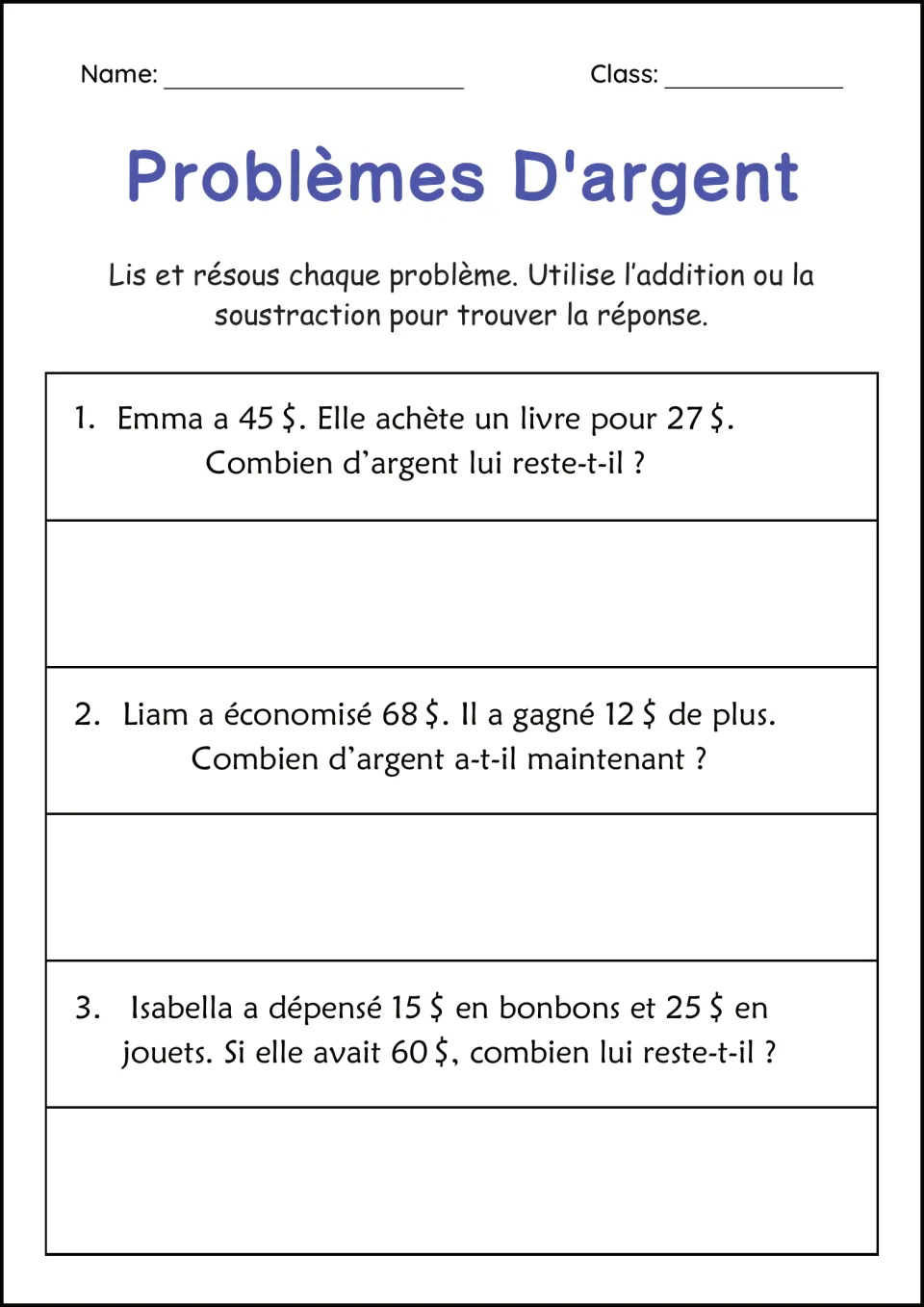 Problèmes d'argent in French: students add or subtract dollars in 3 word problems, like Emma buying a $27 book with $45