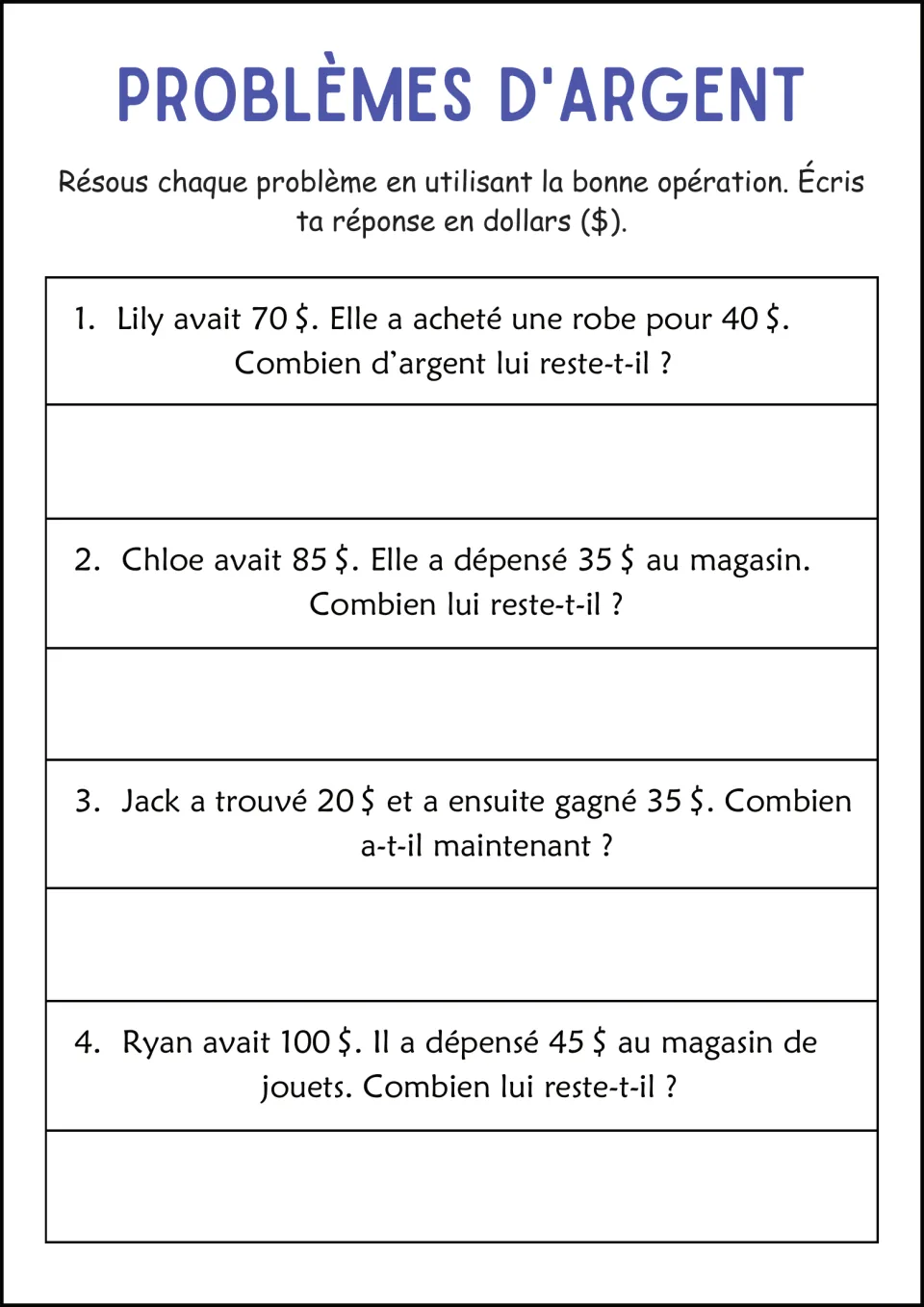 French money word problems: students pick the right operation for 4 dollar stories, such as Lily's $40 dress from $70