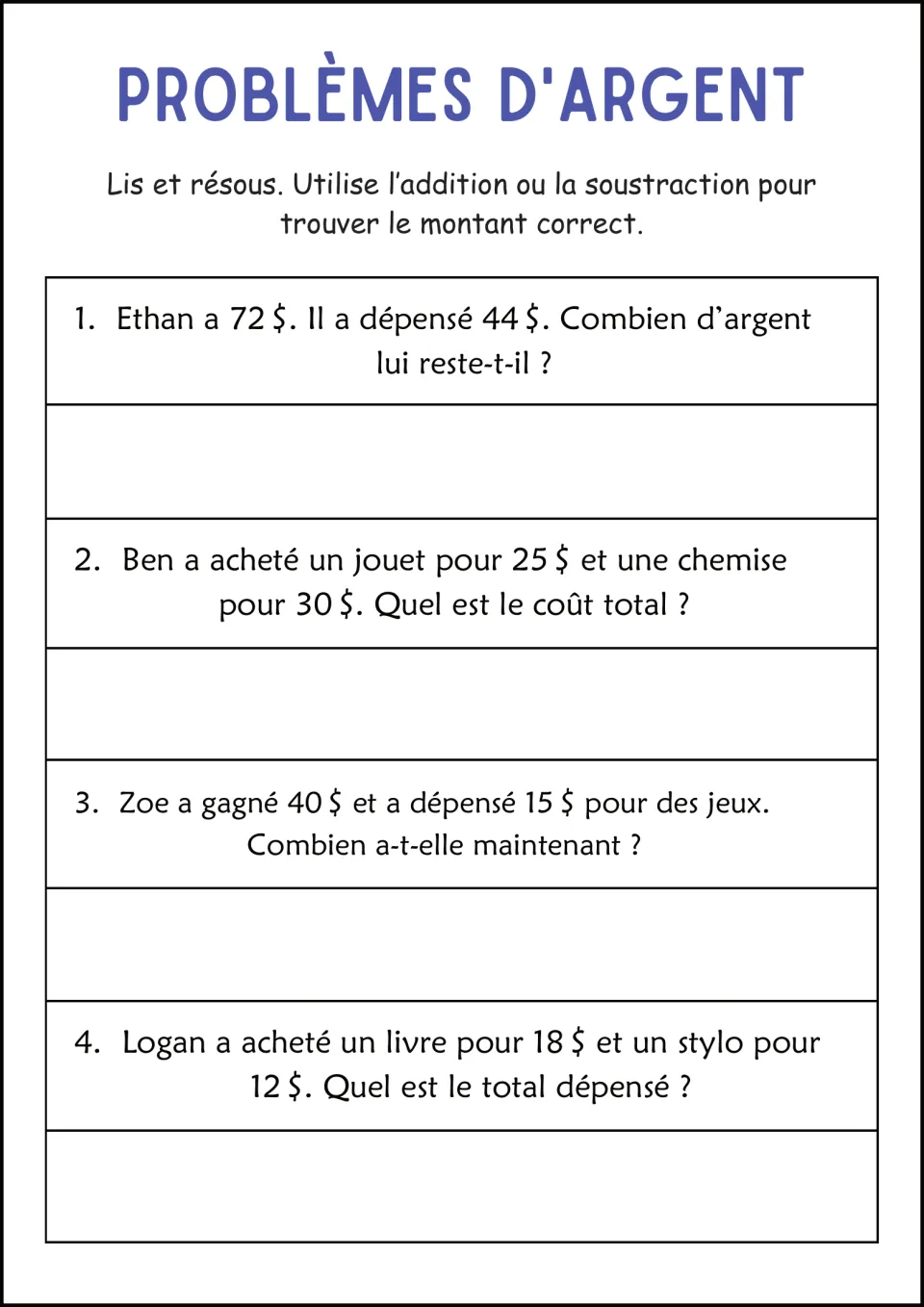 Money in French: students add and subtract in 4 problems, from Ethan spending $44 of $72 to Logan's $18 book and $12 pen