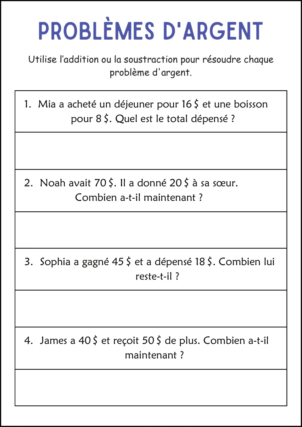 French money problems on spending and gifts: students solve 4 items, including Mia's $16 lunch and $8 drink total
