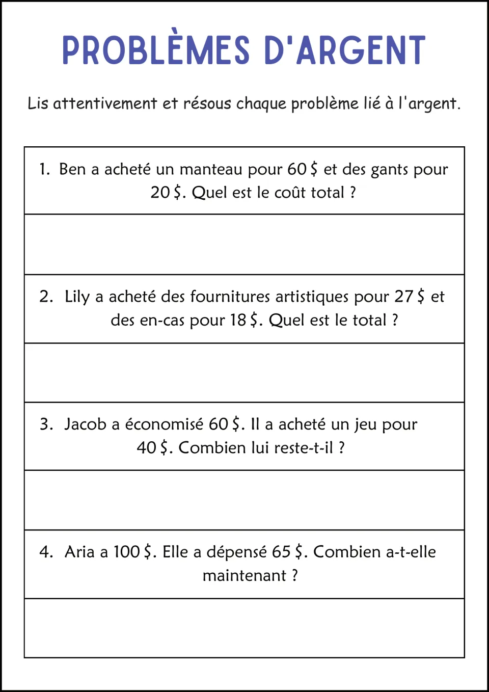 Purchase problems in French: students total Ben's $60 coat and $20 gloves, then find Jacob's savings left after a game