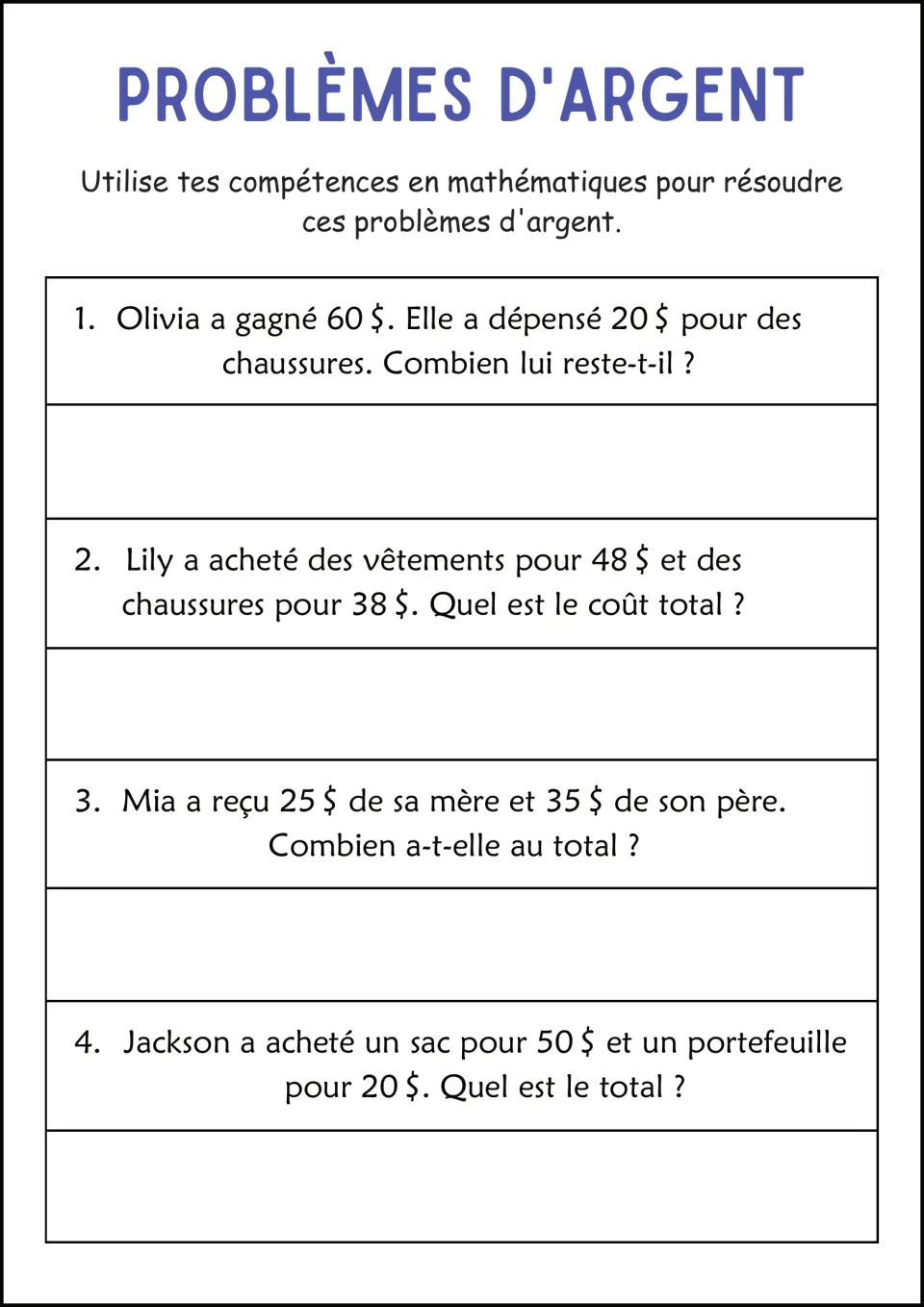 French money problems: students solve 4 items, like Mia getting $25 from her mother and $35 from her father