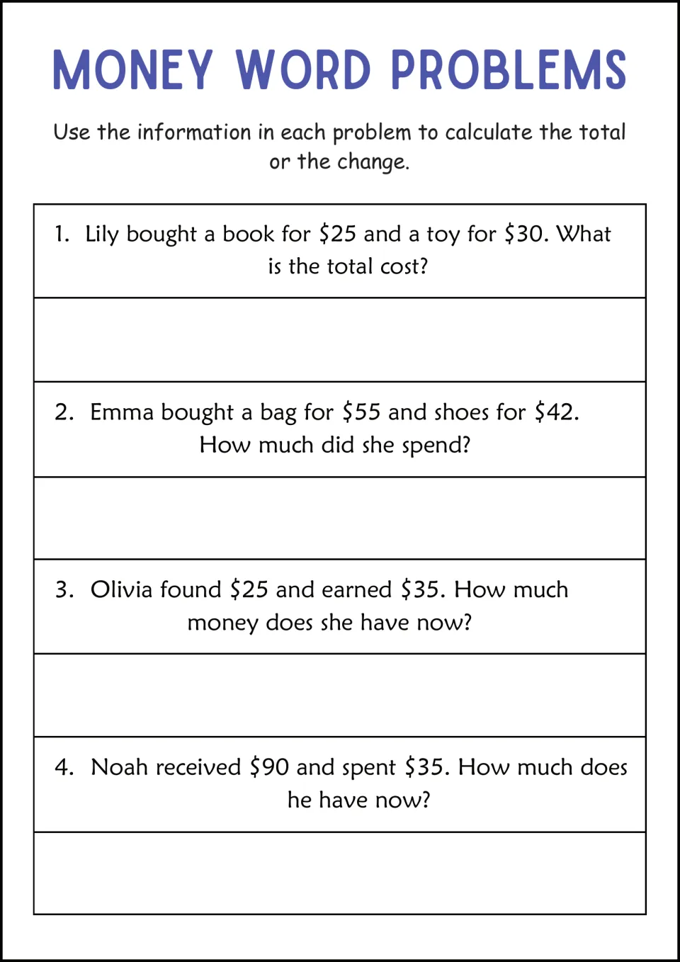 Totals and change with money: students add purchases like a $25 book and $30 toy, then subtract Noah's $35 spent