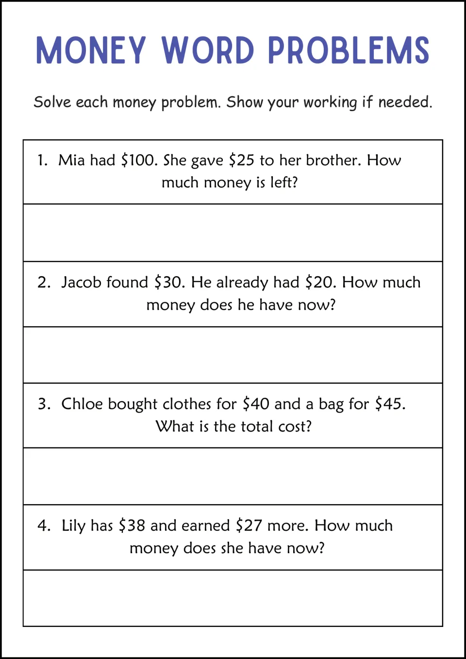 Money problems with shown working: Mia gives away $25 of $100, Jacob adds $30 to $20, Chloe totals clothes and a bag